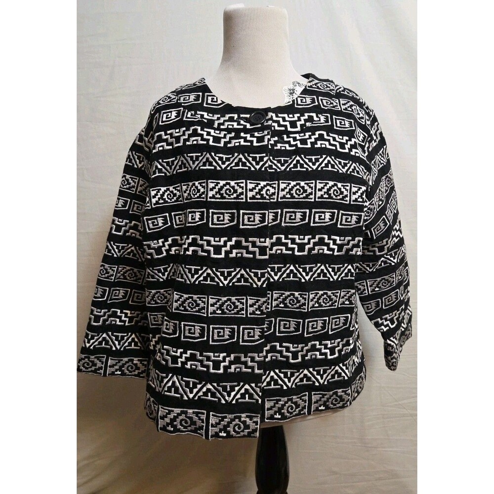 Chico's Black/White Patterned Blazer Women's Size 2 US Size Large Stretch